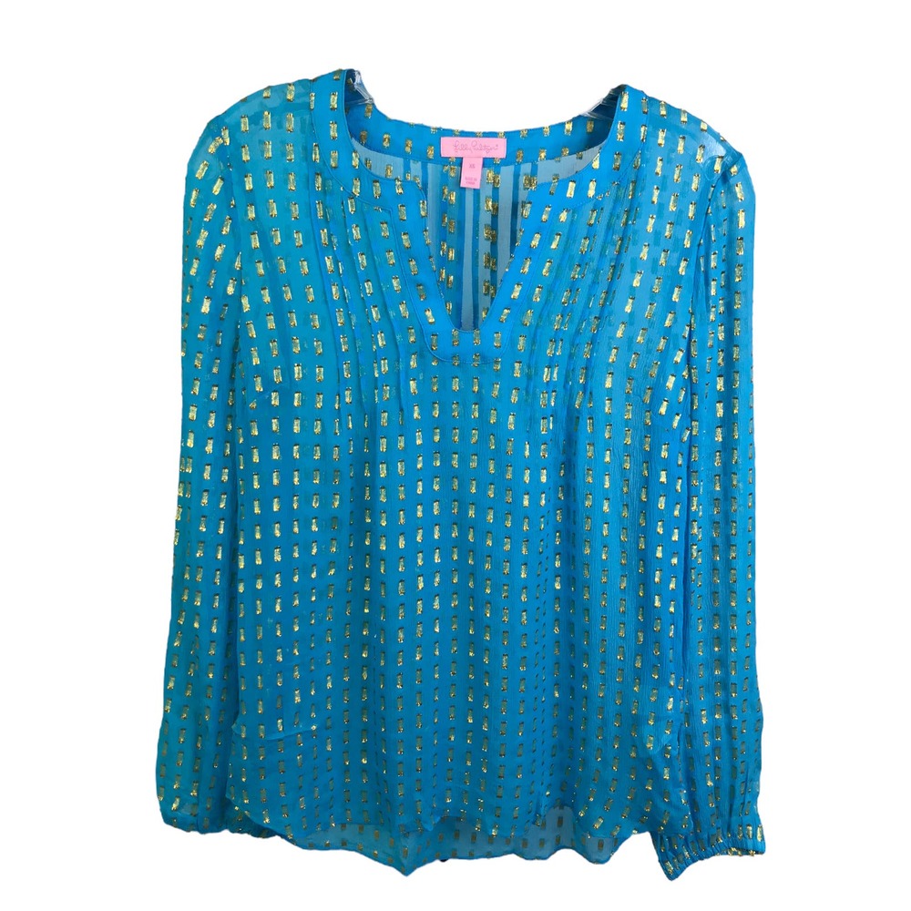 Lilly Pulitzer Women's Tunic Top Colby Silk Clip Metallic Sheer Blouse Blue XS‎